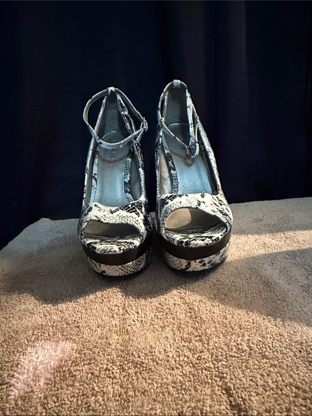 JustFab Snake-Print Platform Ankle-Strap Heels in Black & White
